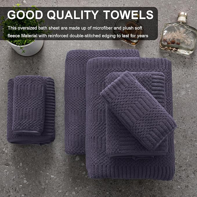 8 Piece Oversized Bath Towels Set Purple,2 Extra Large Bath Towel Sheets,2 Hand Towels and 4 Washcloths 600 GSM Highly Absorbent Quick Dry Towels Set for Bathroom Hotel