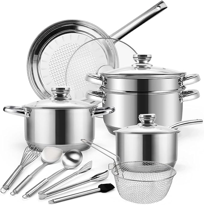 15-Piece Stainless Steel Cookware Set, Non-Toxic Pots and Pans Set with Glass Lids, Kitchen Induction Cookware with Steamer, Utensils Set & Fry Basket, Dishwasher & Oven Safe, Silver