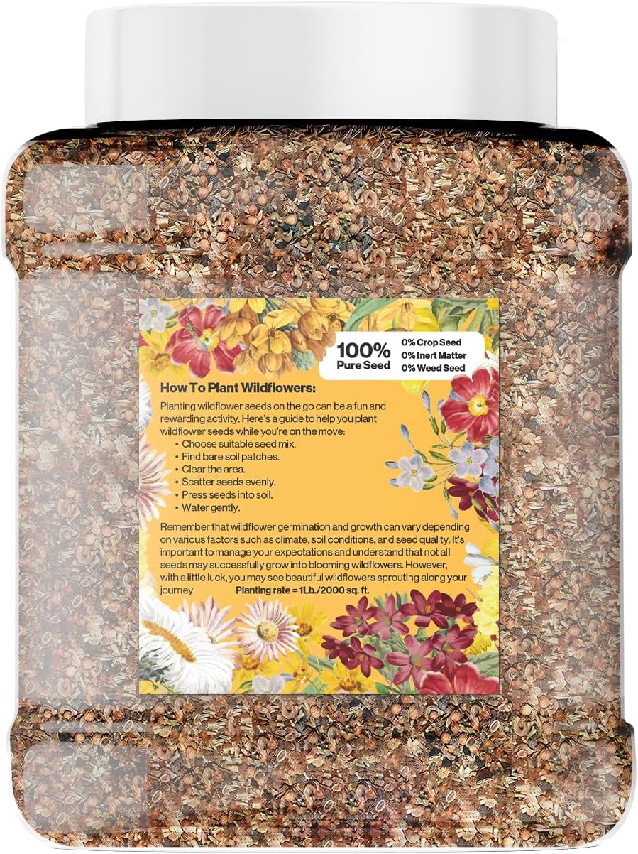Wildflower Seed Mix 1LB Tub - Save The Bees Seed Mix, by GevaGrow | Bulk 300,000+ Seeds | Pollinator & Bee Attracting Flower Seeds Bulk for Planting in Pots & Outdoor Gardens | 1 Pound Tub