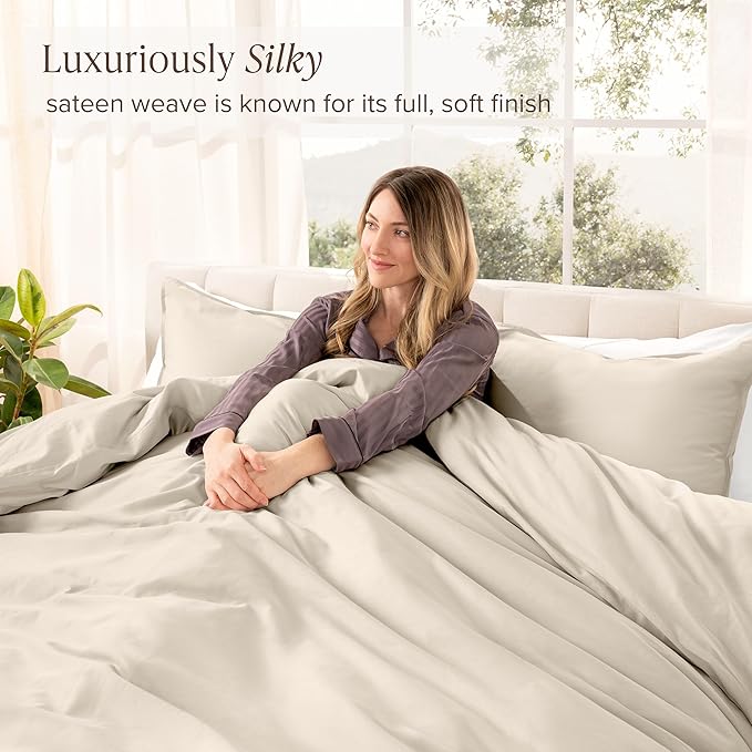 Bare Home 100% Organic Cotton Sateen Duvet Cover Set - Full/Queen Size - 400 Thread Count - Smooth Sateen Weave - Warm & Luxurious - Duvet Cover (Full/Queen, French Beige)