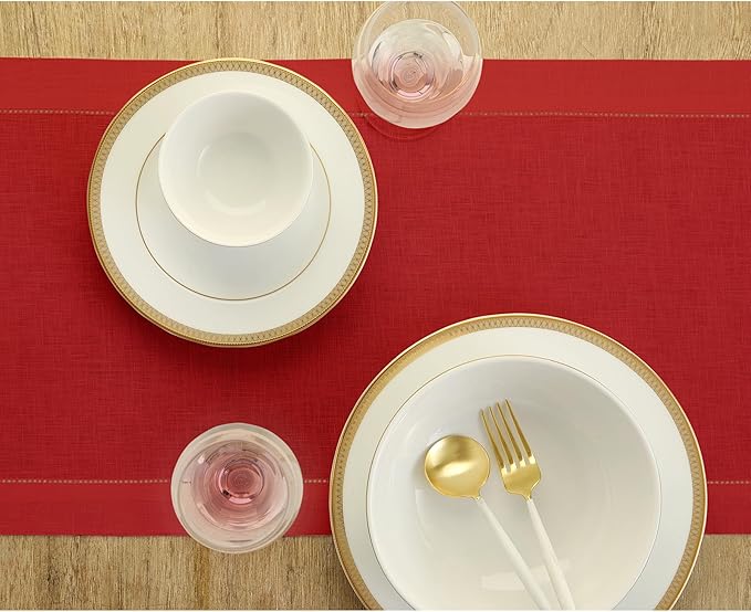 Solino Home Linen Red Table Runner 144 Inches Long - 100% Pure Linen Extra Long Table Runner 14 x 144 Inch for Christmas, Holiday - Classic Hemstitch