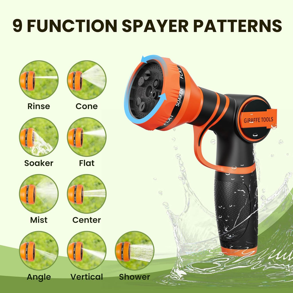 Giraffe Tools Garden Hose 75FT 1/2” Non-Expandable Lightweight Flexible Water Hoses Burst 600 psi with 9 Spray Function Nozzle Heavy Duty Hose