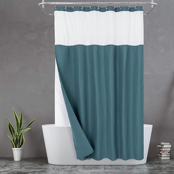 N&Y HOME Waffle Weave Shower Curtain with Snap-in Fabric Liner & 12 Metal Hooks Set - Hotel Style, Waterproof & Washable, Heavyweight Fabric & Mesh Top Window - 71x72, Teal