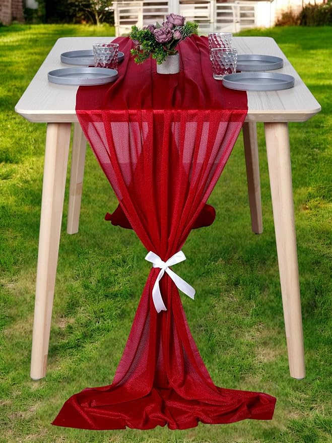 MDS 10 Pack 10ft Chiffon Table Runner 29 x 120 Inches Sheer Wedding Runner Romantic Rustic Table Runner for Wedding Decorations, Birthday Parties, Bridal Shower Party Arch Decor - Apple red