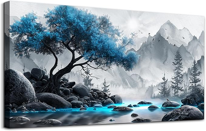 Lapremoly Black And White Painting Canvas Wall Art For Living Room Large Wall Decor For Office Wall Decorations For Bedroom Blue Tree Landscape Wall Pictures Hotel Artwork Posters Family Home Decor
