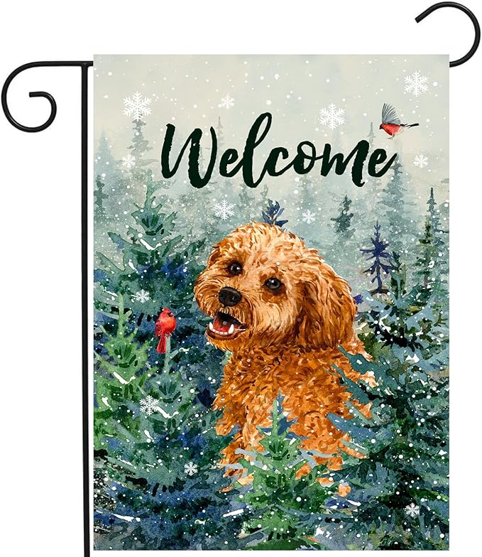 Welcome Winter Garden Flags Golden Doodle Garden Flag Cardinal Birds on Snowy Pine Tree Flag Dog Yard Flags for Outside 12x18 Double Sided Christmas Decorative Lawn Flags