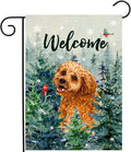 Welcome Winter Garden Flags Golden Doodle Garden Flag Cardinal Birds on Snowy Pine Tree Flag Dog Yard Flags for Outside 12x18 Double Sided Christmas Decorative Lawn Flags