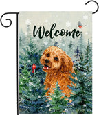 Welcome Winter Garden Flags Golden Doodle Garden Flag Cardinal Birds on Snowy Pine Tree Flag Dog Yard Flags for Outside 12x18 Double Sided Christmas Decorative Lawn Flags