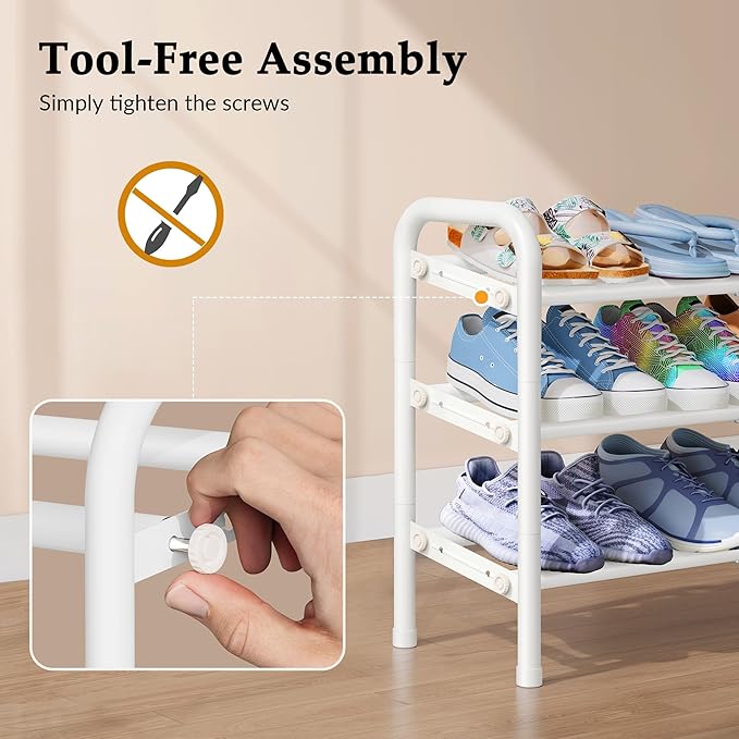 Shoe Rack for Closet, 3 Tier Shoe Organizer, 28“ Metal Shelf Can Expandable to 42“, for Closet, Entryway, Bedroom, Garage, Adjustable to 18 Pairs Shoes, White