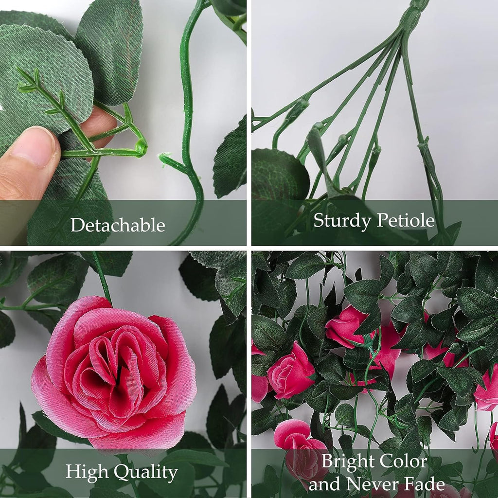 RECUTMS 4 Pack Artificial Plants Fake Hanging Flowers Faux Ivy Vines with LED Fairy Lights Plastic Outdoor UV Resistant for Home Window Garden Office Patio (Rose red)