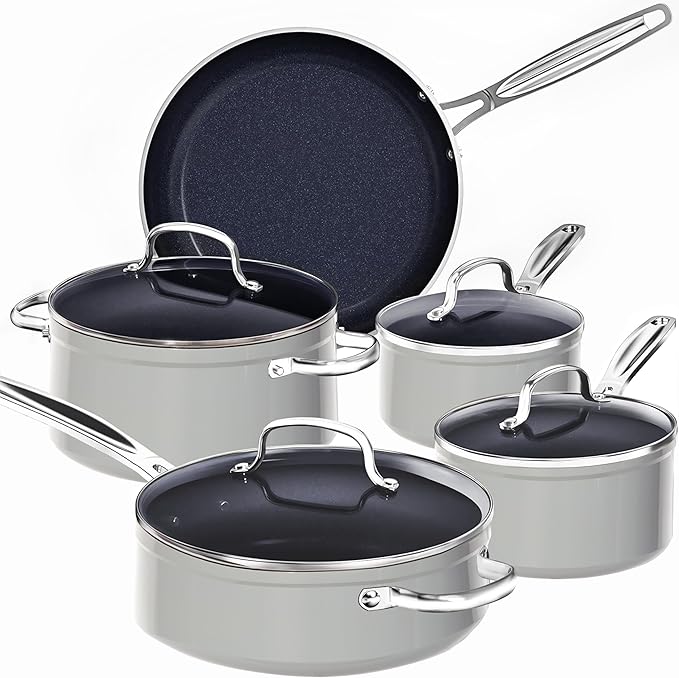 Nuwave 9pc Cookware Set Healthy Duralon Blue Ceramic Nonstick Coated, Diamond Infused Scratch-Resistant, PFAS Free, Oven Safe, Induction Ready & Evenly Heats, Tempered Glass Lids & Stay-Cool Handle