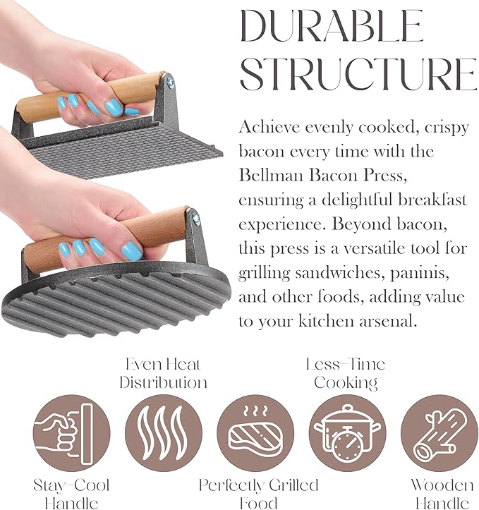 Bellemain Heavy-Duty Cast Iron Grill Press Set – Perfect Smash Burger Press & Steak Tool with Ergonomic Wood Handle for Pro-Level Searing on Griddle, Skillet, or BBQ