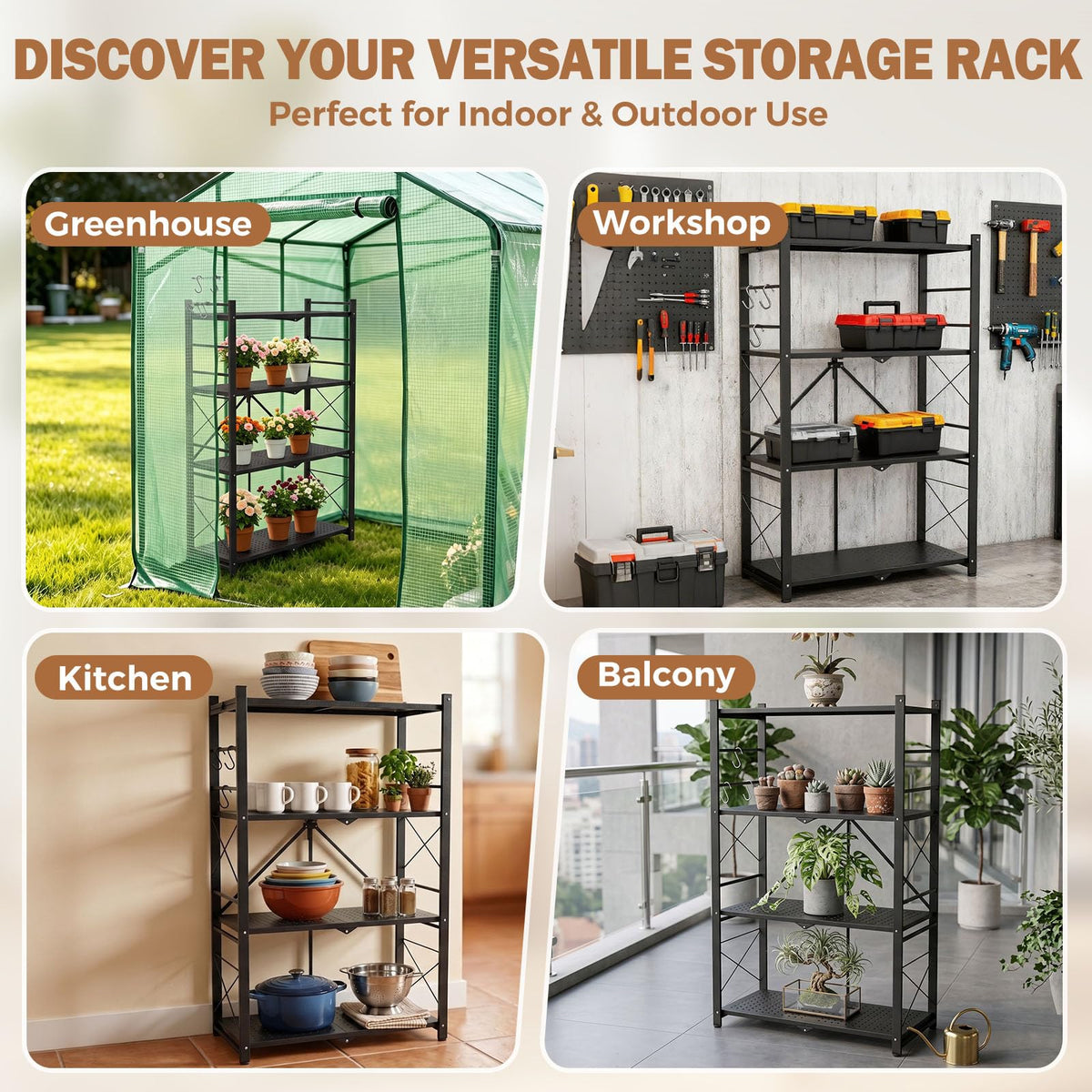 EAGLE PEAK 4-Tier Foldable Greenhouse Shelf, Heavy Duty Metal Storage Rack, No Assembly Steel Shelving Unit, Plant Stand for Greenhouse and Multi-Use Storage, 28”x14.6”x44.7”, 520 lbs, 1 Pack, Black