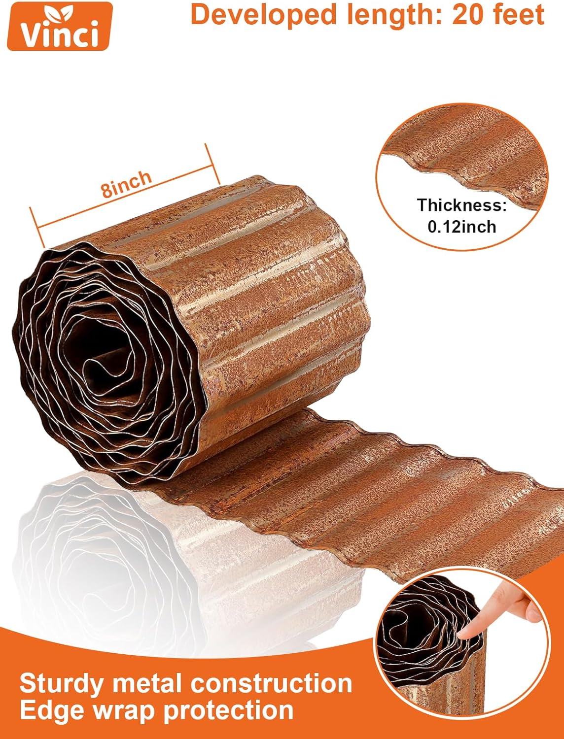Vinci Garden Landscape Edging Border, 8 Inch x 20 FT Corrugated Sturdy Metal Easy Installation Safe Hemmed Lawn Garden Border Edges for DIY Flower Beds,Pathways and Patio Design (Rusted)