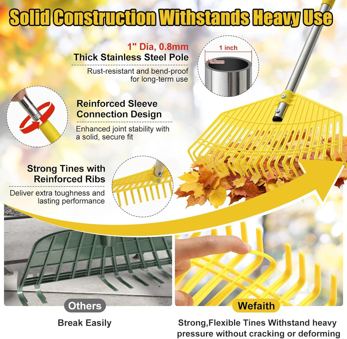 Plastic Leaf Rake for Lawns - Non-Clog, Heavy-Duty 16.5'' Wide Yard & Garden Rake for Leaves, Grass, Pine Needles, 1'' Stainless Steel Adjustable Handle, Easy Use for Women,Seniors,Kids