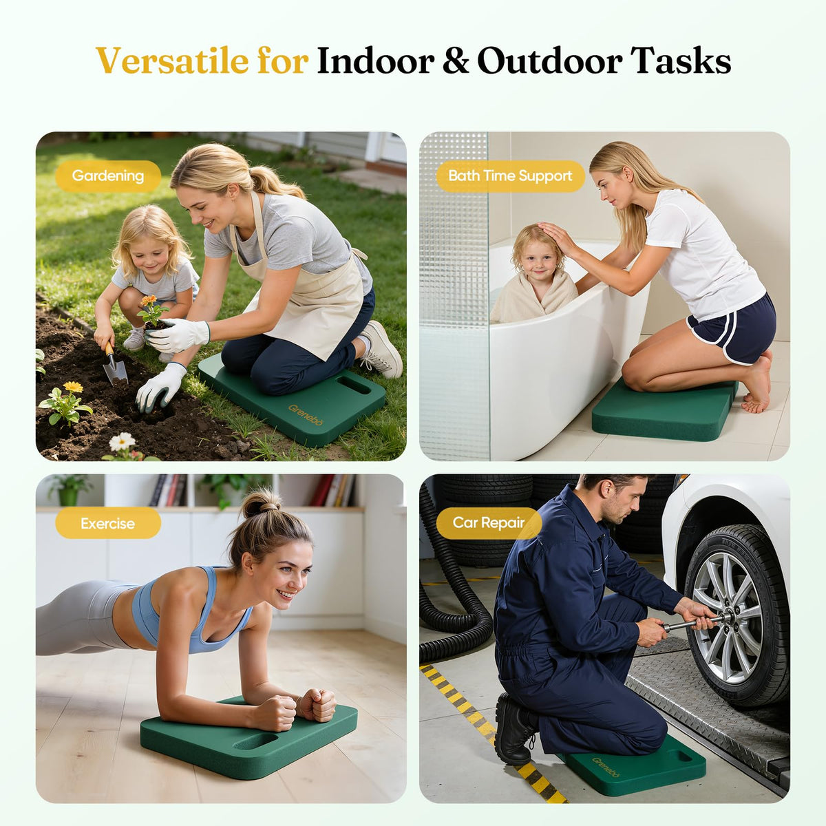 Grenebo 2-Pack Kneeling Pads, Extra Thick NBR, 17.3 x 11 x 1.6 in, Green
