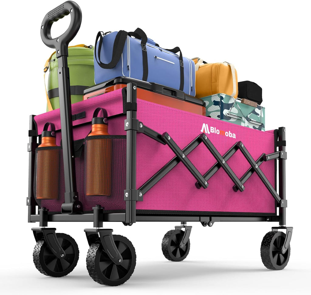 Collapsible Wagon with Wheels, 220 lbs Wagons Carts Foldable Wagon Cart with Flexible Handle, Lightweight Portable Folding Utility Grocery Shopping Cart for Grocery Sports Garden Camping, Pink