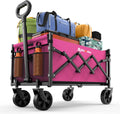 Collapsible Wagon with Wheels, 220 lbs Wagons Carts Foldable Wagon Cart with Flexible Handle, Lightweight Portable Folding Utility Grocery Shopping Cart for Grocery Sports Garden Camping, Pink