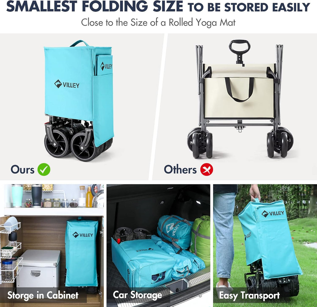 VILLEY Collapsible Folding Wagon with Big Wheels, All Terrain Beach Wagon Cart Heavy Duty Foldable, Enlarged 225lbs Capacity, Portable Utility Garden Cart with 2 Cup Holders and Brake, Blue