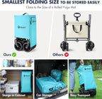 VILLEY Collapsible Folding Wagon with Big Wheels, All Terrain Beach Wagon Cart Heavy Duty Foldable, Enlarged 225lbs Capacity, Portable Utility Garden Cart with 2 Cup Holders and Brake, Blue