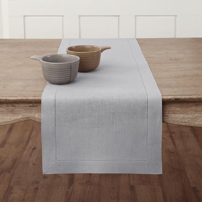 Solino Home Linen Soft Grey Table Runner 48 Inches - Classic Hemstitch, 100% Pure Linen Coffee Table Runner 14 x 48 Inch Ideal for Dresser Tables - Fall, Autumn, Halloween, Thanksgiving, Christmas
