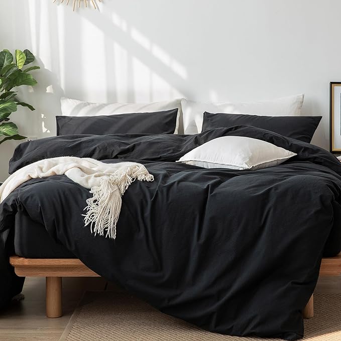 MooMee Bedding Duvet Cover Set 100% Washed Cotton Linen Like Textured Breathable Durable Soft Comfy (Solid Black, Oversized Queen 98"x98")