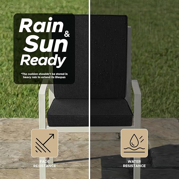 Outdoor Chair Cushions, Water-Resistant & Fade-Resistant, Patio Furniture Lawn Dining Chair Seat Replacement with Mid Back, Ties Zipper, Removable Cover, 18 x 16.5 Inch, Set of 4, Black