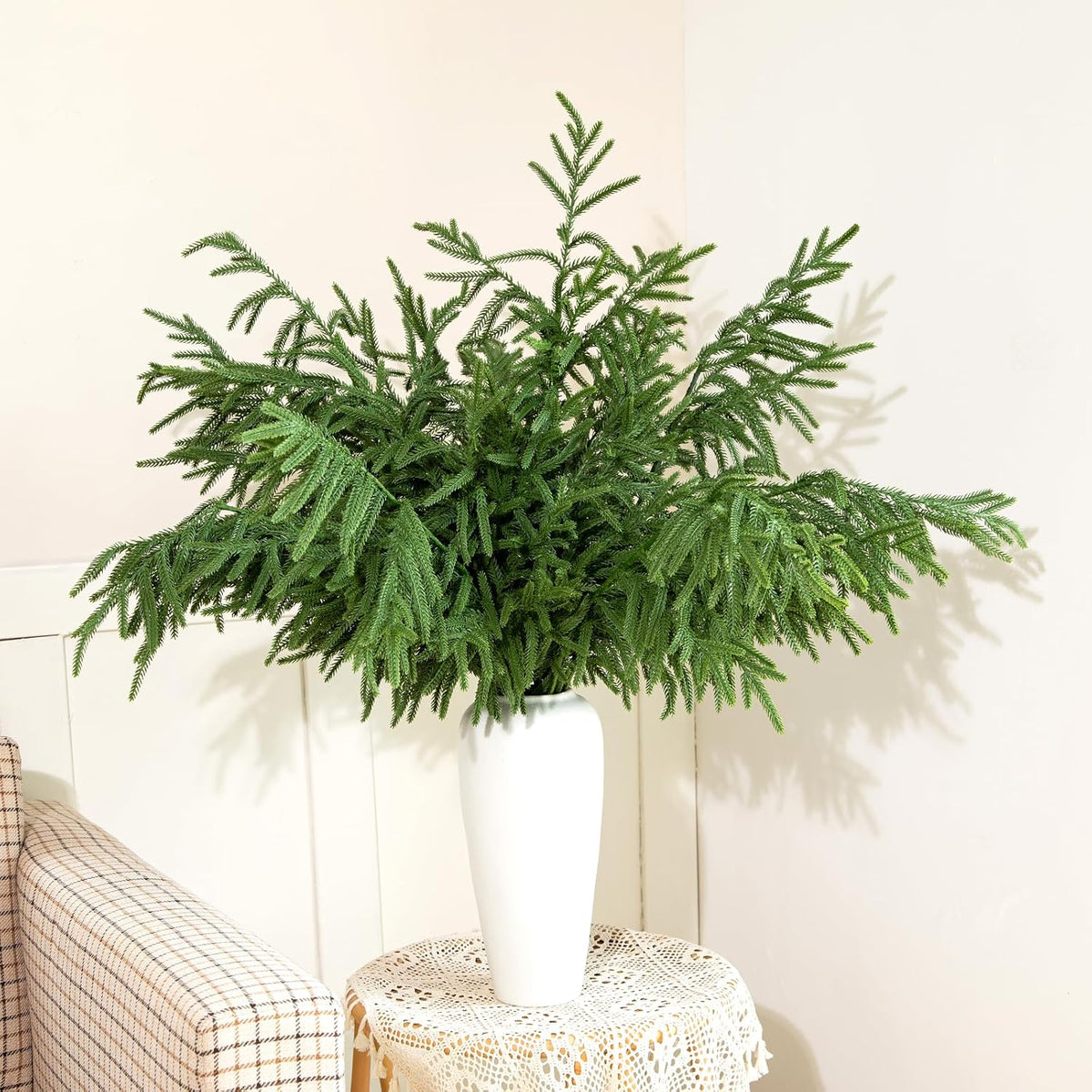 5 Pcs 36 Inch Artificial Norfolk Pine Stems Faux Christmas Greenery Evergreen Realistic Pine Branches Fake Cedar Pine Picks Winter Greens for Vases DIY Garland Wreath Home Holiday Decor