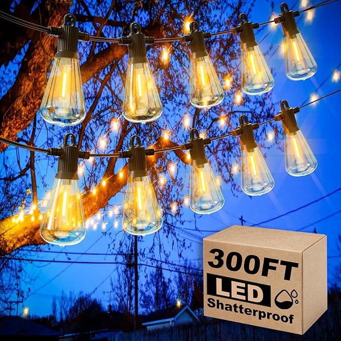Outdoor String Lights Waterproof, 300FT Patio Lights with 146 Shatterproof ST38 Globe Bulbs(6 Spare), Connectable Dimmable LED Hanging String Lights for Outside Backyard Porch Balcony(150FT x 2)
