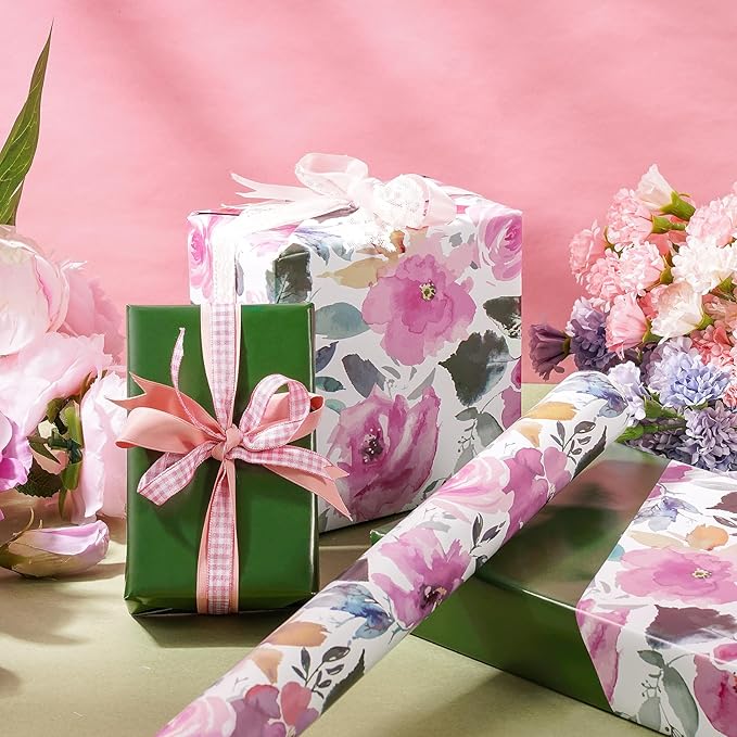 RUSPEPA Reversible Floral Wrapping Paper for Women, Mini Roll, Vintage Pink Rose with Deep Green Solid, Elegant Gift Wrap for Birthday, Wedding, Mother's Day, Bridal Shower, 17 Inches x 16.4 Feet