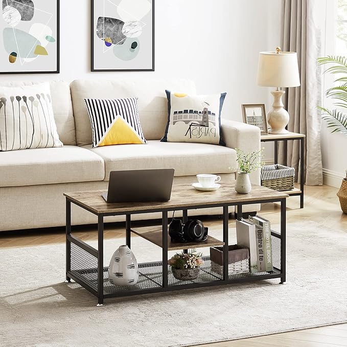 VECELO Coffee Center Table with Storage for Living Room Office Reception, Industrial Mesh Shelf, 39.4 Inch, Grey