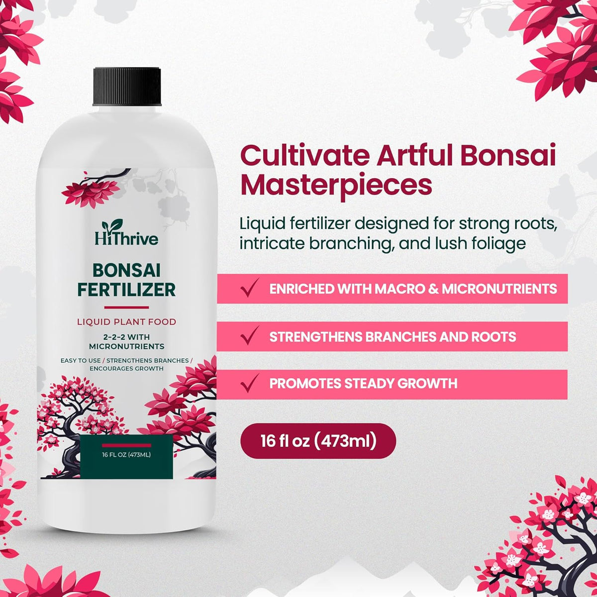 16oz Bonsai Tree Live Liquid Plant Food - Makes 32 Gallons of Bonsai Fertilizer Liquid, Premium Macronutrient Formula Enriched with Micronutrients for Healthy Roots, Branching & Foliage