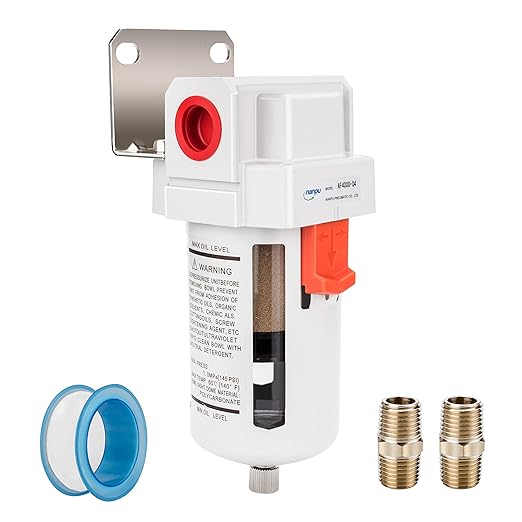 NANPU 1/2" NPT Compressed Air Line Filter, 5 Micron Brass Element, Bracket, Poly Bowl, 145 psi