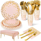 141 Pieces Pink Gold Party Supplies, Party Dinnerware Sets Include Paper Plates Napkins Cups Silverware, for Wedding Bridal Shower Engagement Birthday Parties Decoration -20 Serves