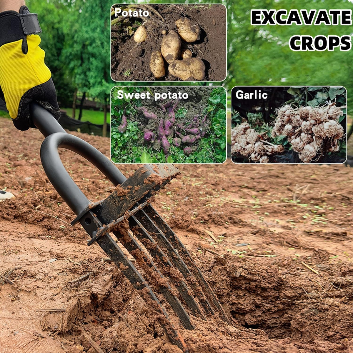 Garden Fork, Pitchforks for Digging Composting Spading, Long Hand Tiller & Cultivator - 5 Tine, 45 inches