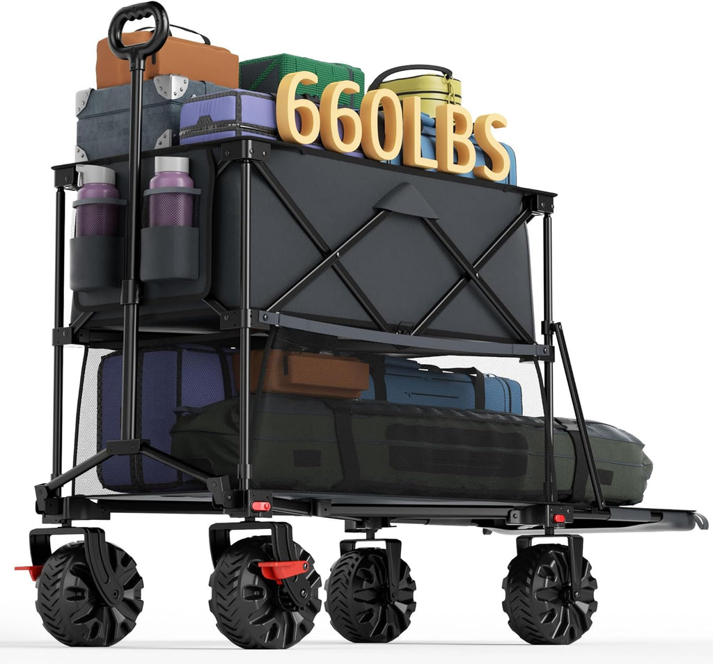 Portal Collapsible Large Double Decker Wagon with Brakes, 660lb Foldable Heavy Duty Utility Wagon Cart, 400L All-Terrain Big Wheels & 54" Extra Long Extender for Sports, Camping & Outdoor Use