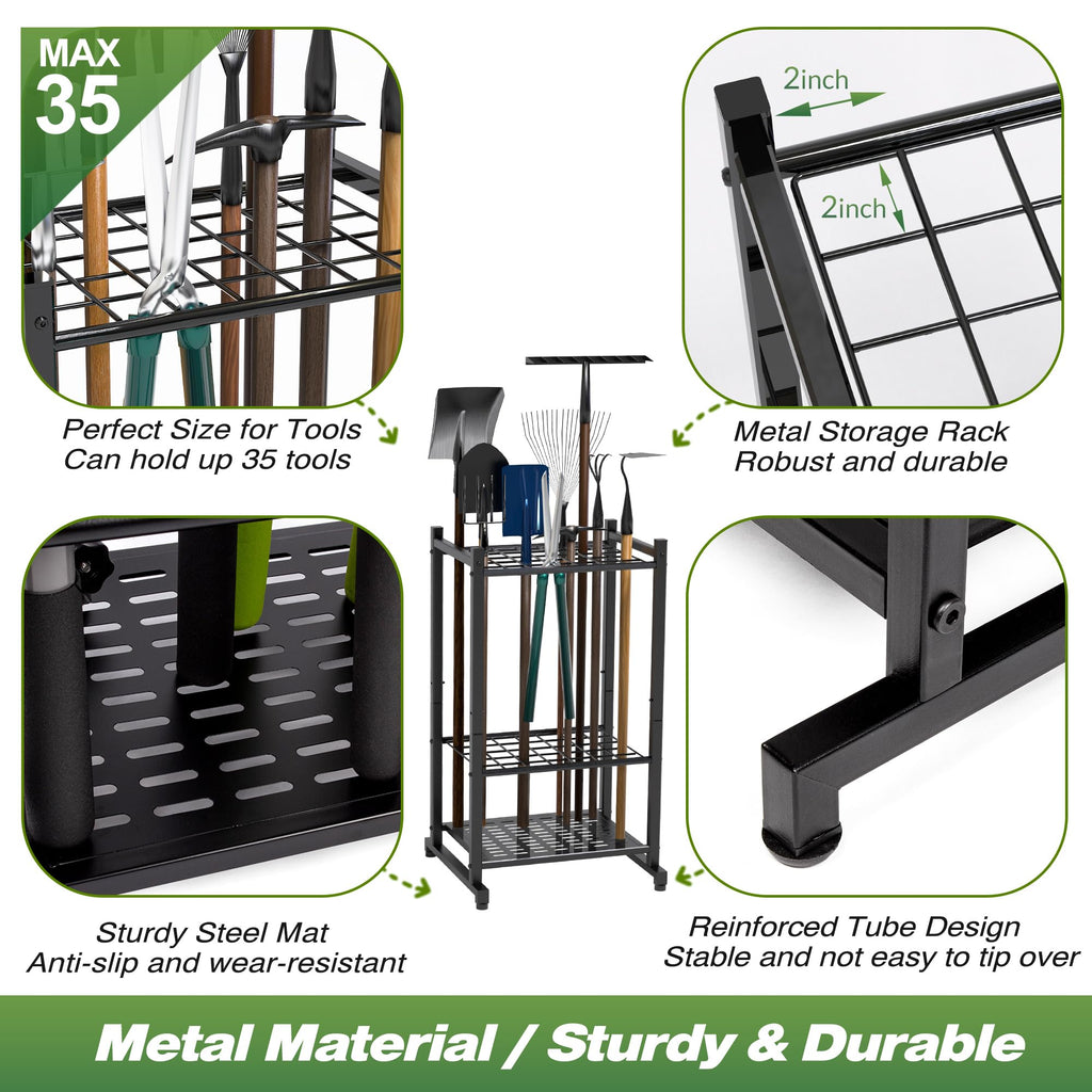 Garden Tool Organizer, Garage Tool Organizer & Garage Organization, Heavy Duty Steel Tool Storage Rack Holds 35 Rakes, Brooms Tools, Broom Holder and Mop Holder, Shed Organizer for Home Organization