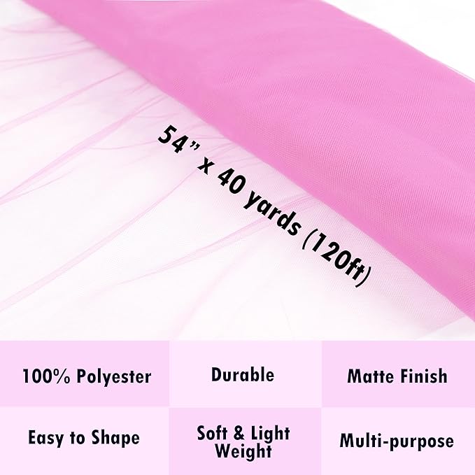 Craft And Party, Light Pink Fabric Tulle Roll 54 Inch by 40 Yards (120 ft) Fabric Tulle Bolt for DIY Tutu Skirt, Wedding and Decoration (Light Pink)