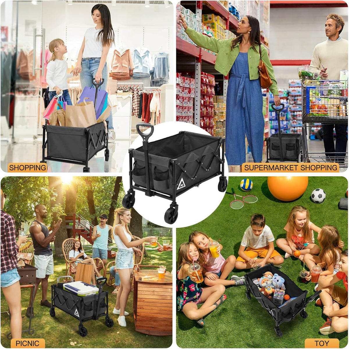 Wagon Cart Shopping Foldable Folding Collapsible with Wheels Big On Beach Garden Outdoor Grocery Heavy Duty Utility All Terrain Portable Wagons Carts for Groceries Sand Camping Sports Black