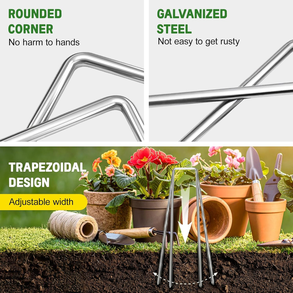 6 Inch Heavy Duty Galvanized Garden Staples, 11 Gauge Landscape Fabric Stakes with Adjustable Width for Weed Barrier, Sod, Fencing and Outdoor Decoration (25)