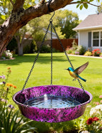 Hanging Bird Bath for Outside, 11.5” Metallic Purple & Blue Metal Birdbath Bowl & Feeder with Black Chain Outdoor Garden Yard Decor