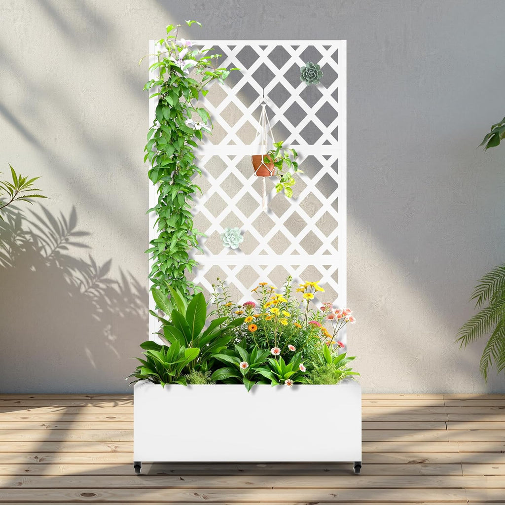 Metal Raised Garden Bed with Trellis and Wheels, 2 in 1 Trellis with Planter Box & Privacy Screen for Climbing Plants, Outdoor Standing Flower Beds with Drainage Holes, 35.4"L x 15.7"W x 70.9"H, White