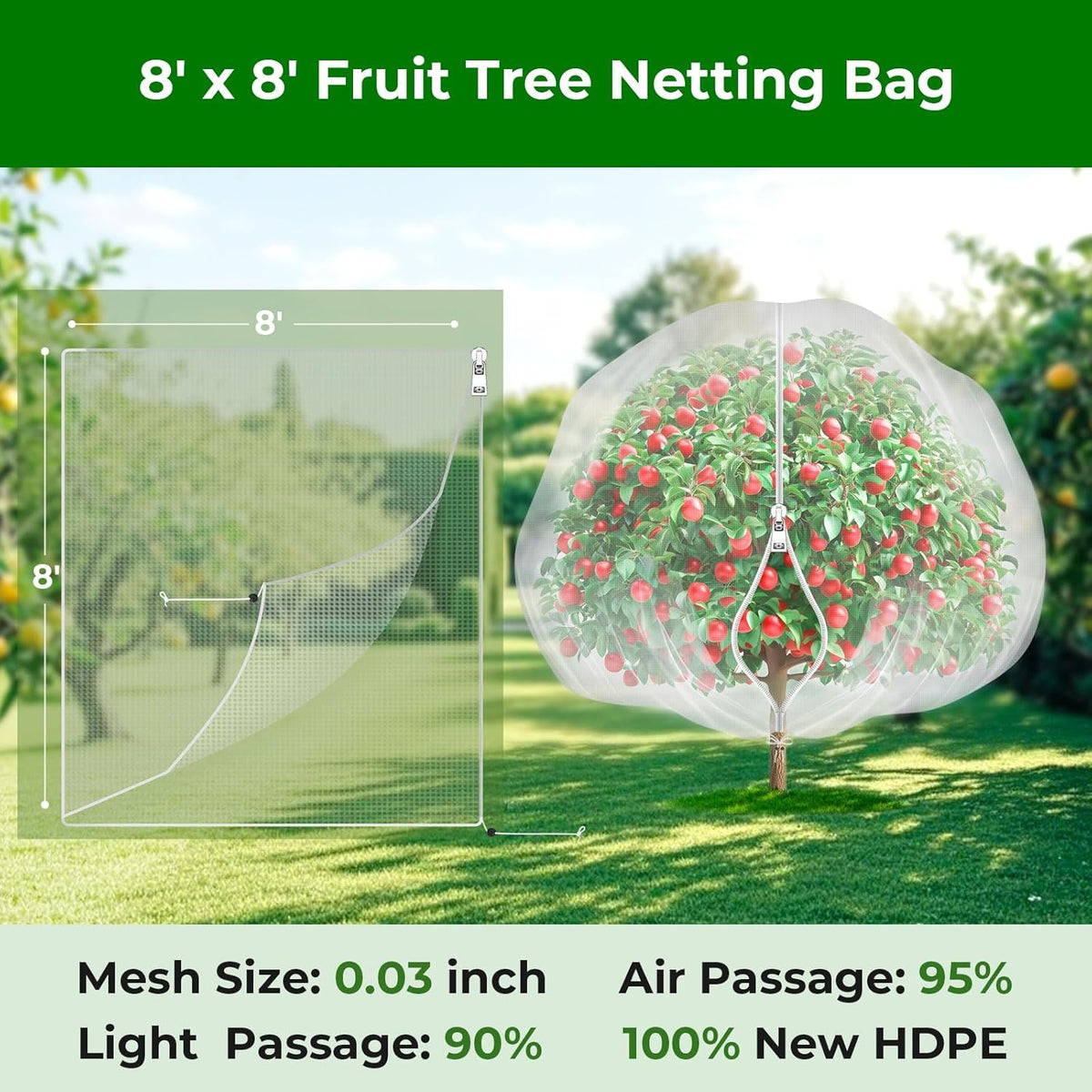 Fruit Tree Netting with Zipper & Drawstring - 8'x8' Garden Plant Net Pest Barrier to Prevent Cicadas Bird Squirrel Deer - Bug Protection for Blueberry Tomato with Fine Mesh Insect Cover(2 Pack)