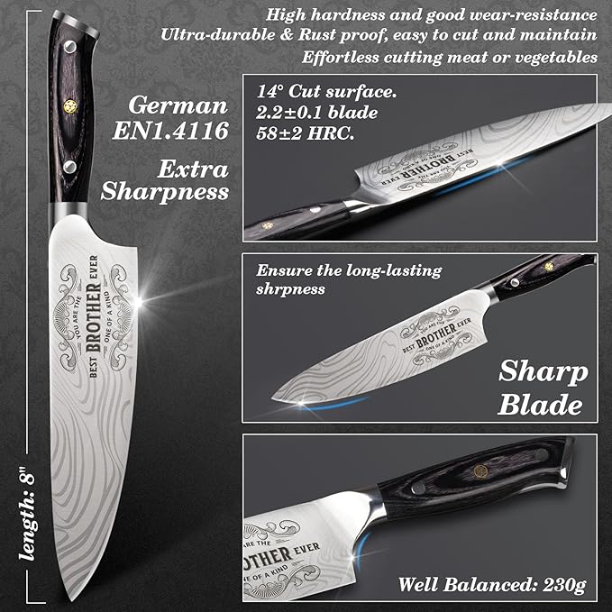 Gifts for Brother Men Christmas, Kitchen Cooking Knife Brother Gifts for Birthday, 8 inch Professional German High Carbon Stainless Steel Chef Knife, Brother Gifts Xmas Stocking Stuffers
