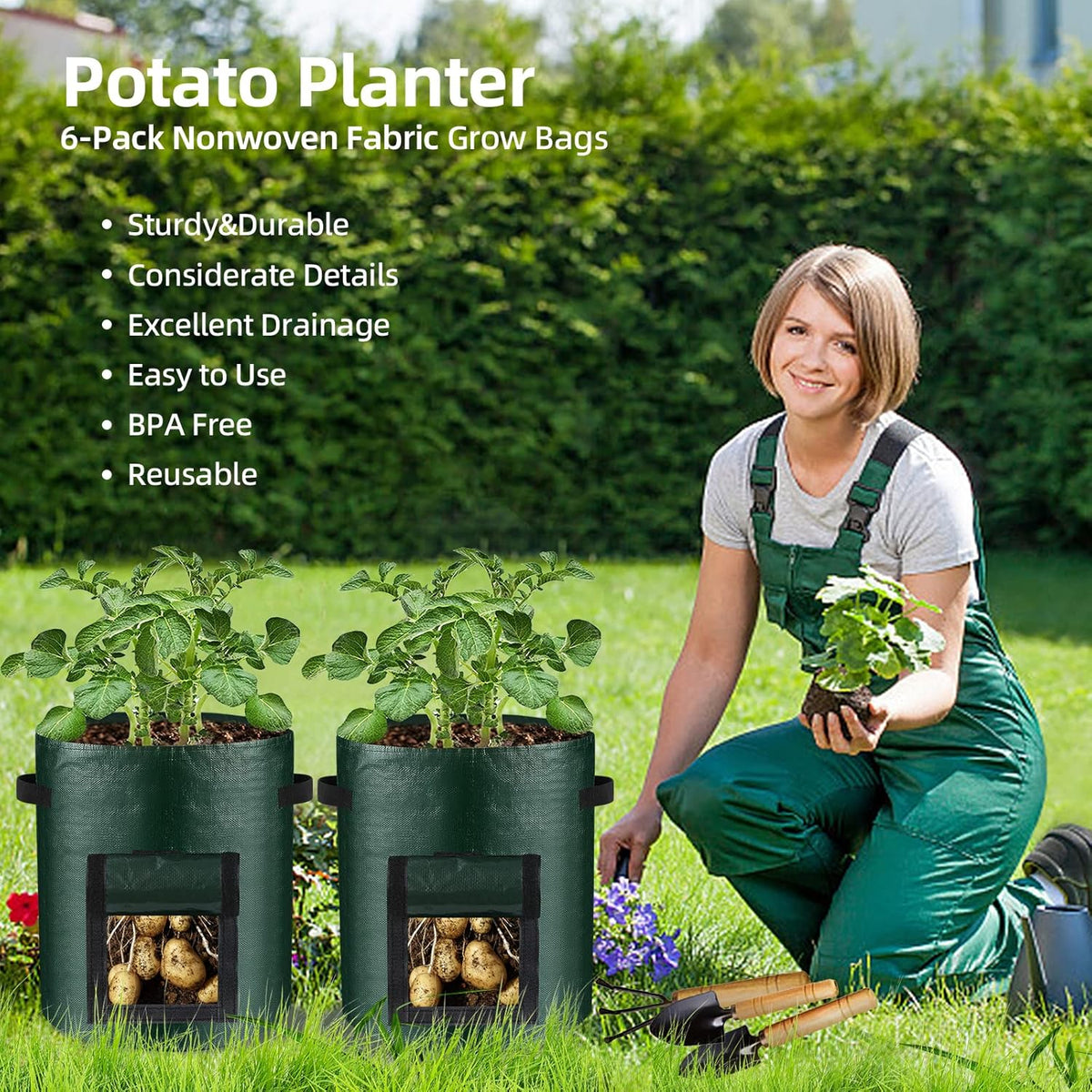 10 Gallon 8-Pack Grow Bags, Durable PE Fabric Pots with Flap and Handles, Green Planter Bags for Potato Vegetables Flowers Herbs Garden Outdoor, 17.7''x13.8'' Large for All Plants Growing