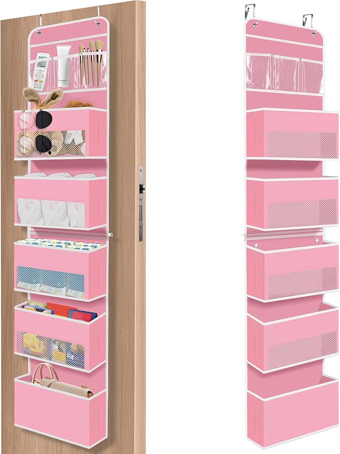 6-Tier Over The Door Organizer Hanging Storage Organizers with Clear Window 40lb Large Capacity Room Organizer for Pantry Bathroom Nursery Closet(Pink)