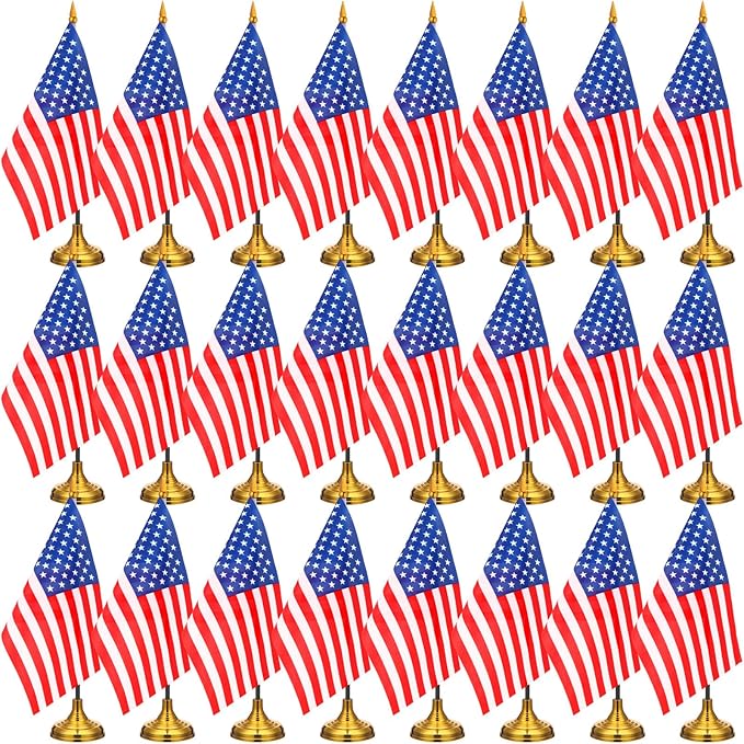 24 Pcs American Desk Flag Set Small USA Flags for Table with 13" Black Pole, Gold Base and Spear Top, American Flag for Home Office Party Festival Celebrations Decor