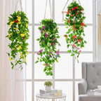 BLEUM CADE Artificial Hanging Flowers for Outdoors, 2pcs Fake Hanging Plants Pothos Vines with Red Flowers for Wall Home Living Room Indoor Outdoor Decor (No Baskets)