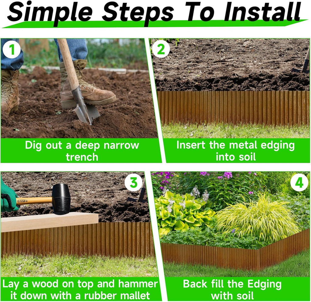 Corrugated Garden Edging, 8"×10Ft Pre-Rusted Landscape Edging & Lawn Edging Border, Metal Garden Border for Flower Beds, Garden，Lawn，Raised Beds & Tree Surrounds