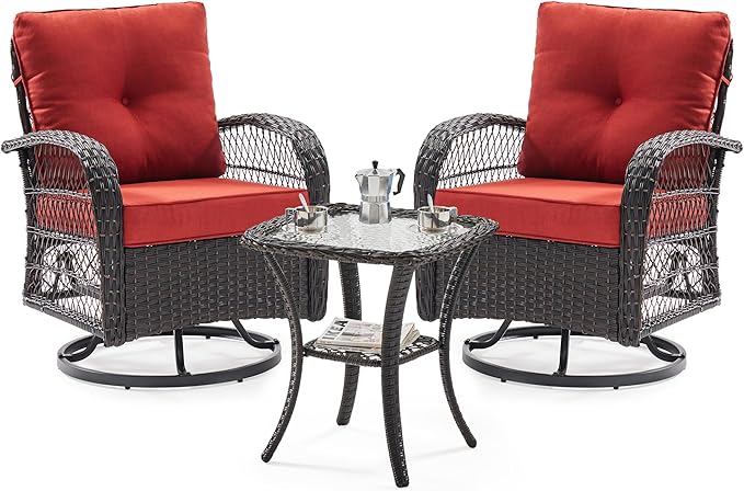 UDPATIO 3 Pieces Patio Furniture Set, Outdoor Swivel Rocker Patio Chairs Set of 2, All-Weather PE Wicker Glider Chairs with Thick Cushions and Glass Coffee Table，for Porch Deck Backyard Red